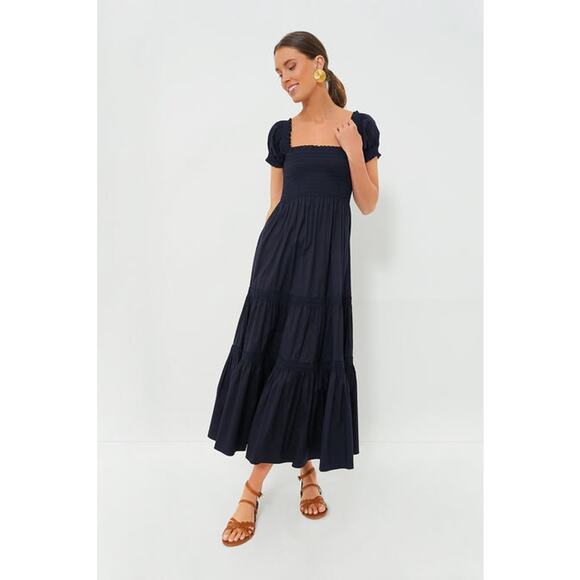 TUCKERNUCK Tory Burch Navy Maxi Dress XL Puff Sleeve Tiered Quiet Luxury NWOT - Picture 1 of 15